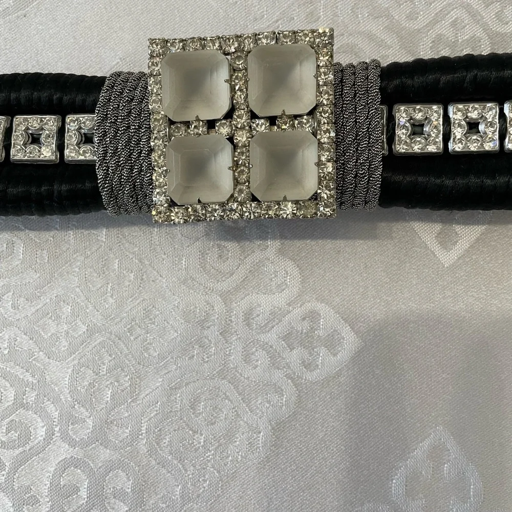 Women’s: Art Deco silver Rhinestone emblished Black Belt . 34 1/4 “